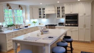 An ADU interior, including a kitchen and island