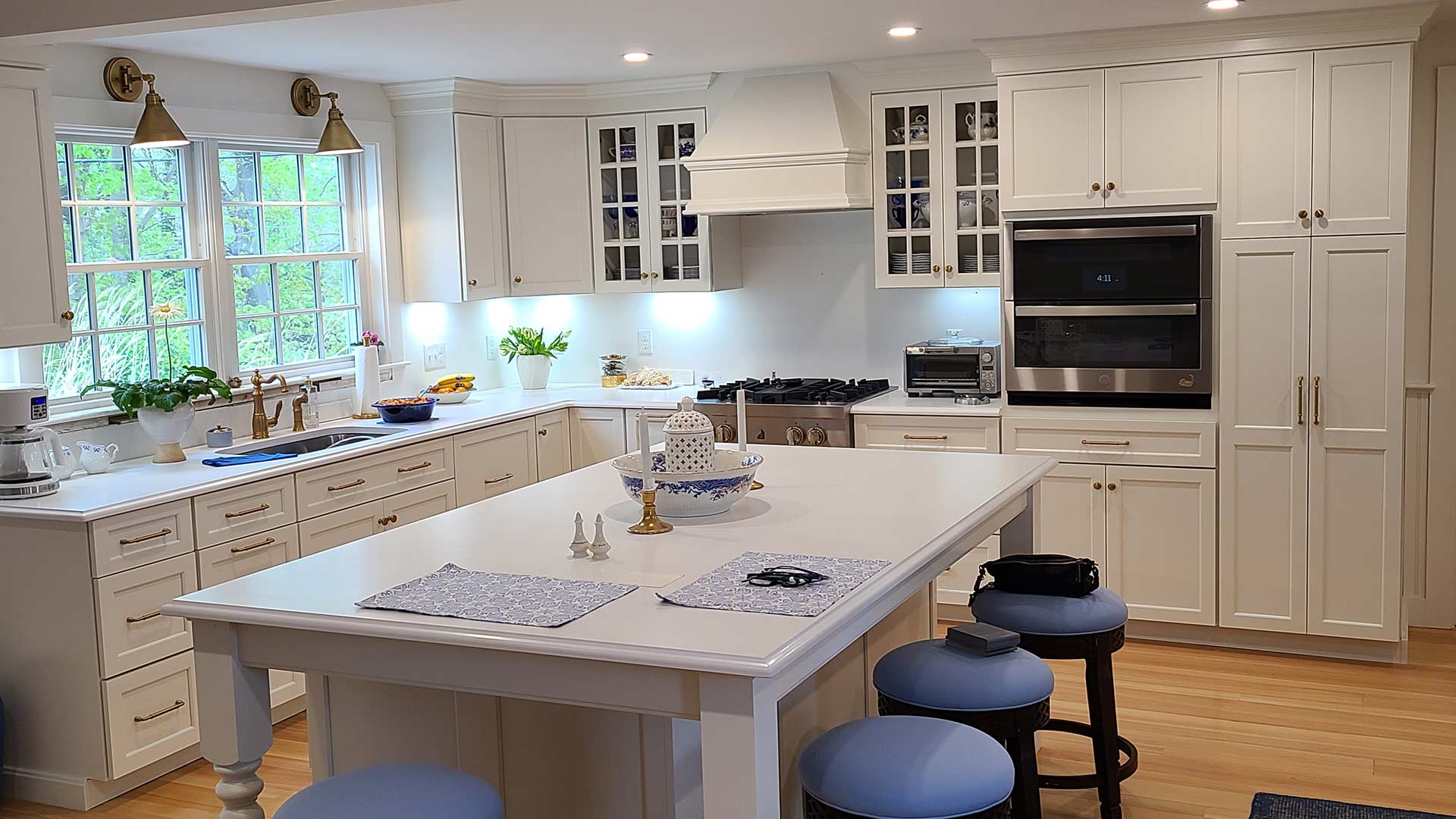 An ADU interior, including a kitchen and island
