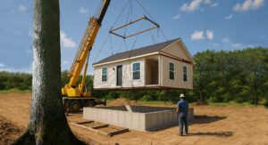 a modular ADU being installed using a crane